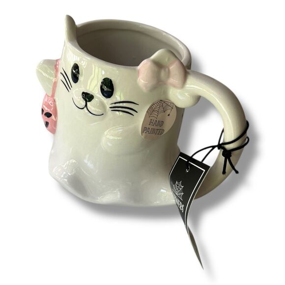 Cobwebs & Cauldrons Hand Painted Cat Pink Bow Halloween Mug - Picture 8 of 10